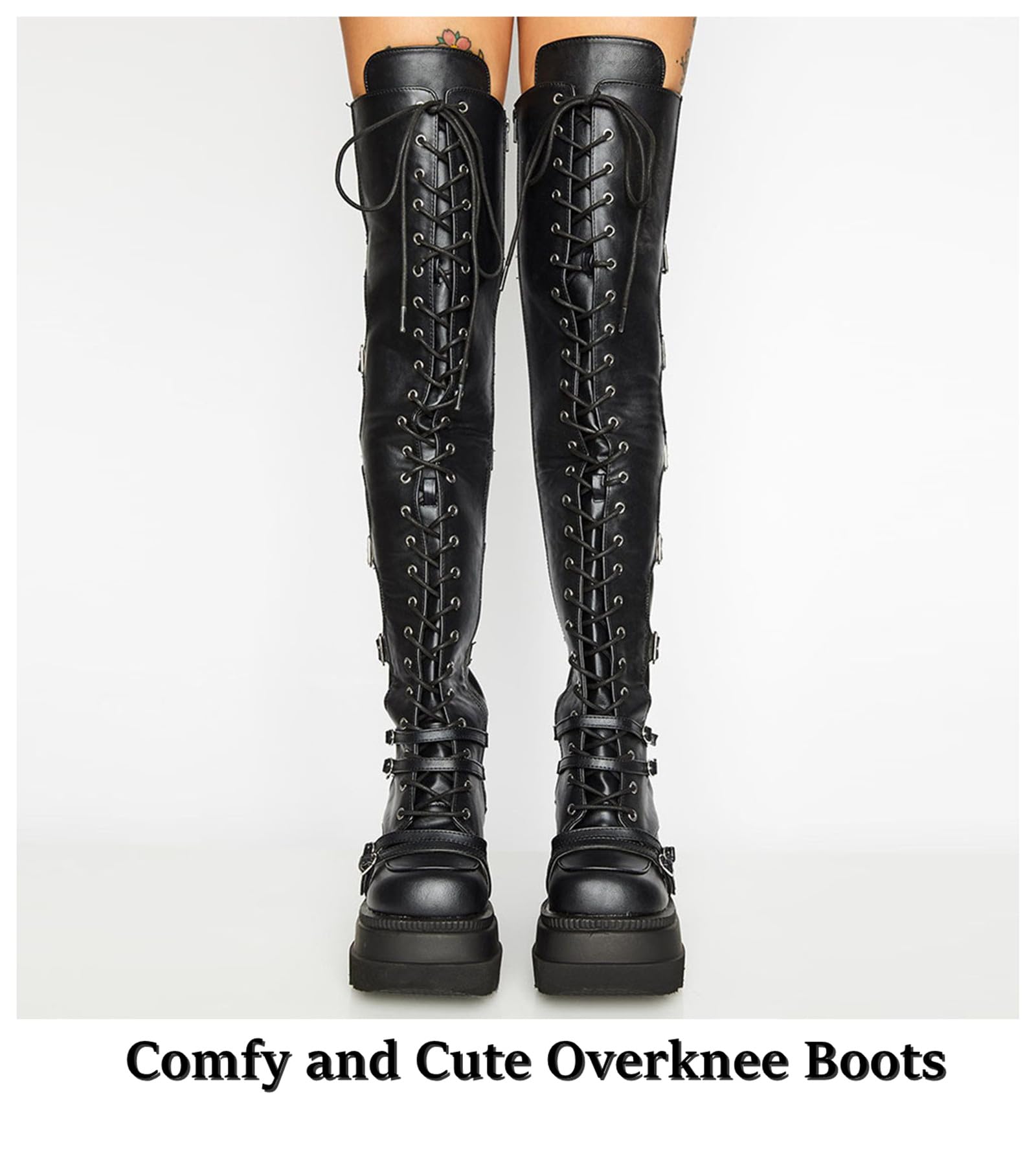 Gothniero Black Platform Boots Over Knee Thigh High Goth Boots for Women Chunky Heel Rave Motorcycle Boots with Buckles Side Zip Lace Boots Size5.5-10: 9 Black
