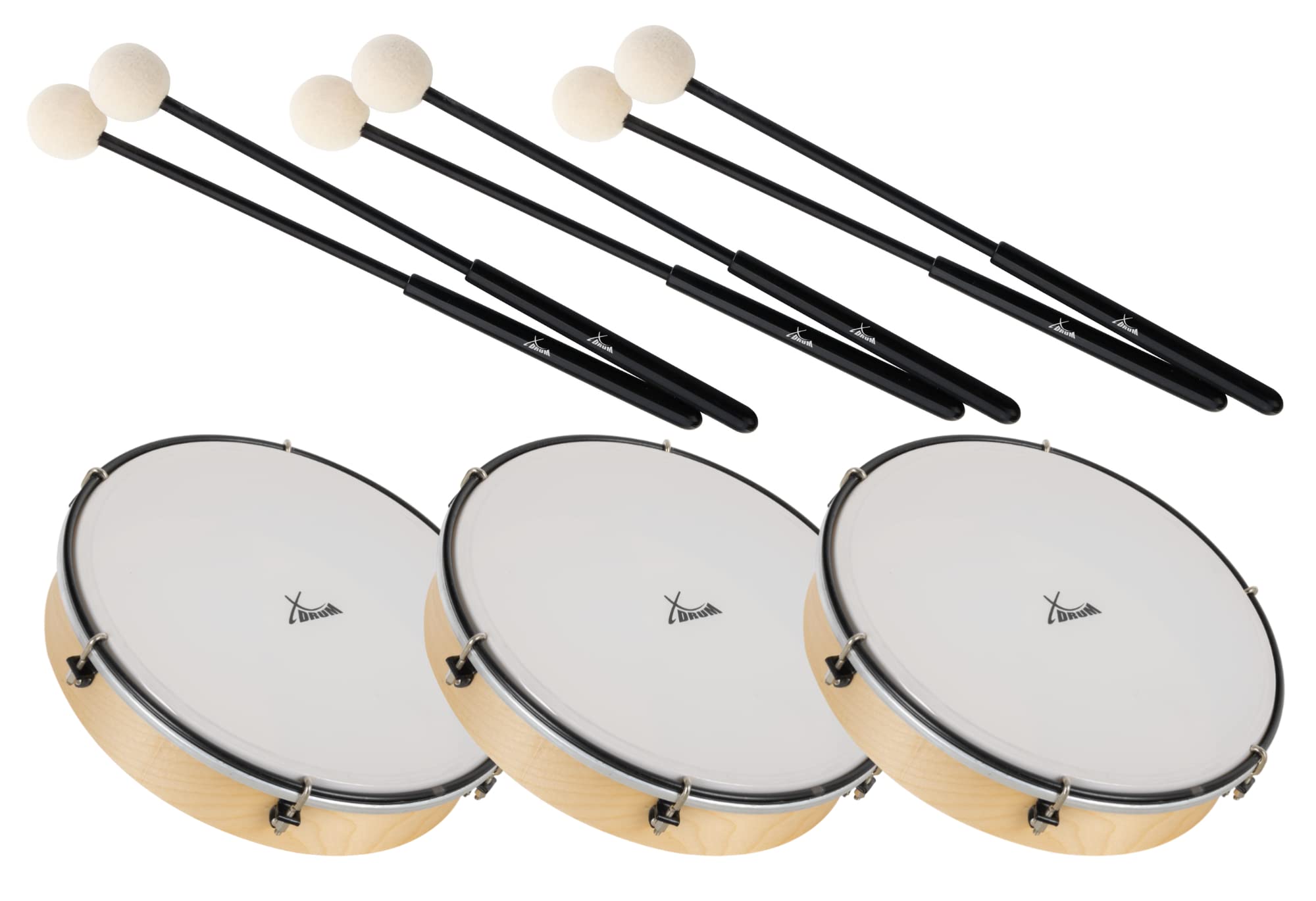 XDrum HTM-12K Tambor De Mano Con Baquetas Set De 3, Diámetro: 12" (30 | 5 cm), Piel resistente de poliéster, Marco de madera de arce, 6 tensores para afinar el tambor, Mango ergonómico, 8 cm