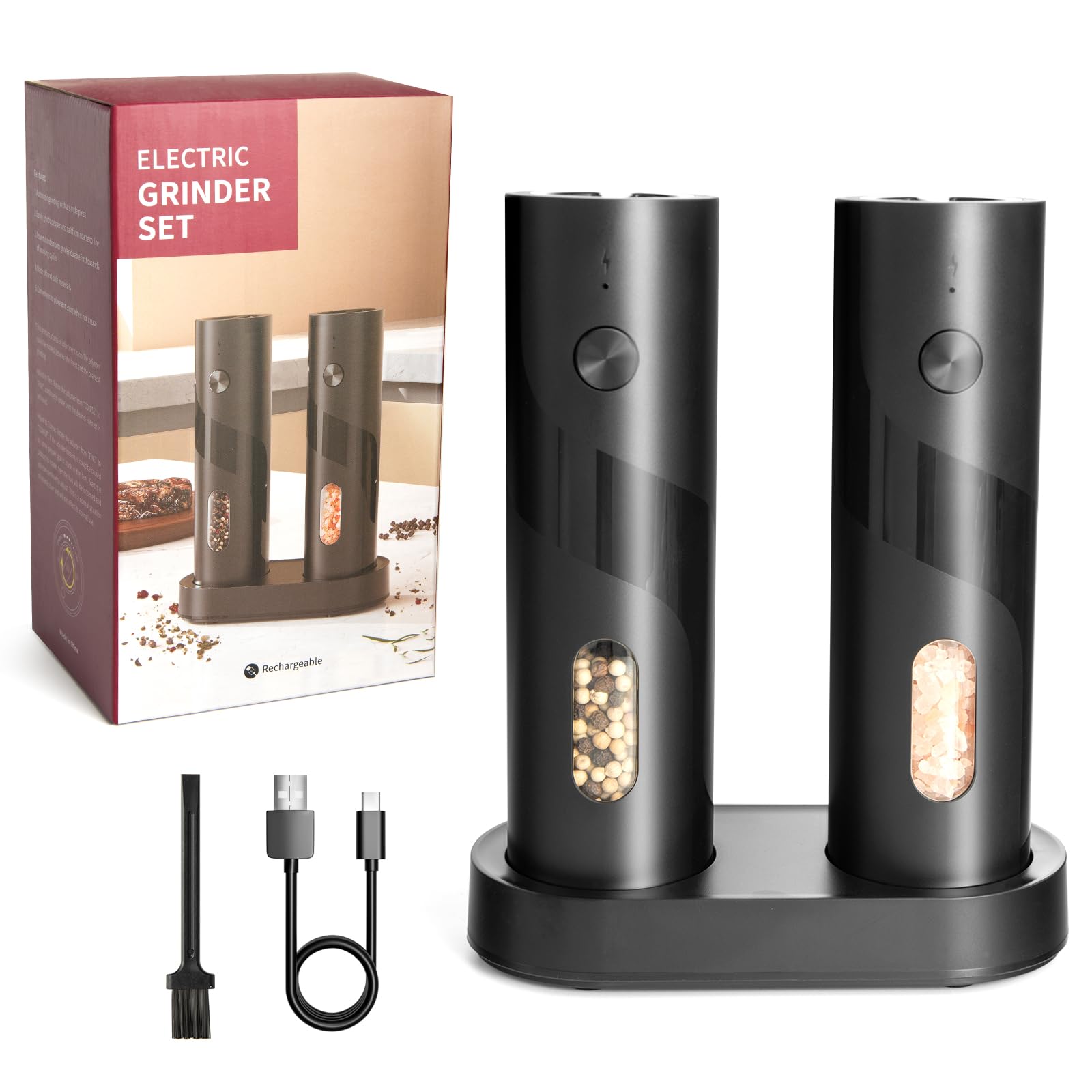 XXFLOWER 2 Pack Electric Pepper Grinder, USB Rechargeable Salt and Pepper Mill with Adjustable Coarseness and LED Light, One Touch Operation for BBQ,Kitchen,Restaurant,Camping(Black)