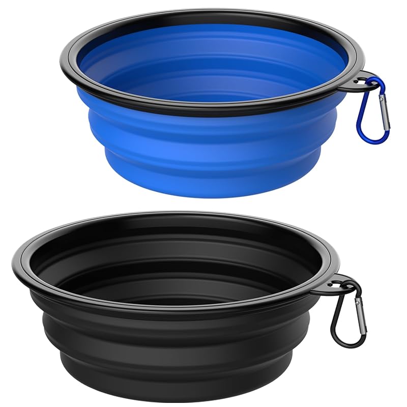 Potes dobráveis para cães e gatos em TPE com mosquetão Takfox, preto e azul, pacote com 2