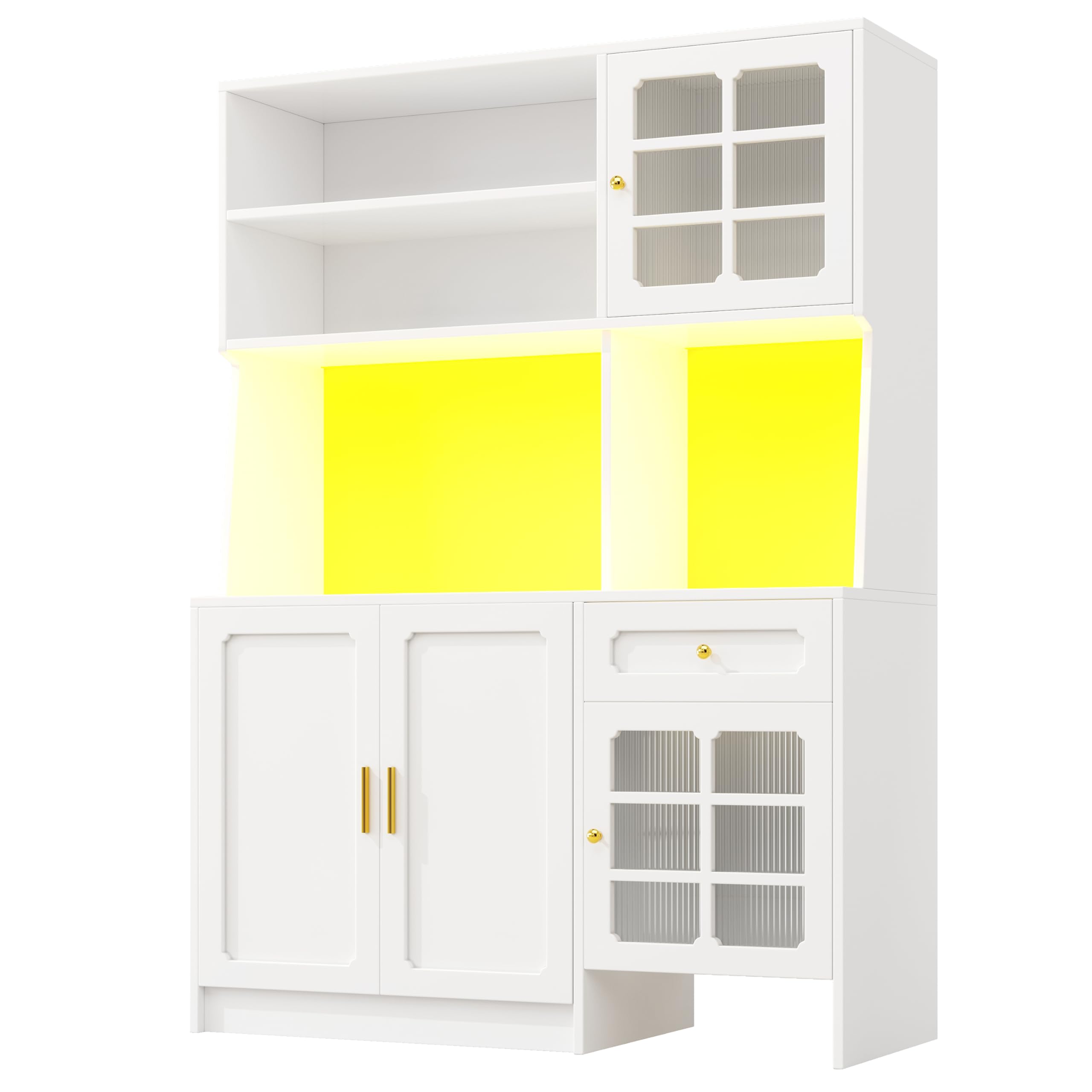 Armadio da cucina con piano di lavoro e illuminazione a LED, credenza con ante in vetro, credenza con cassetti, 130 x 45 x 180 cm (bianco)