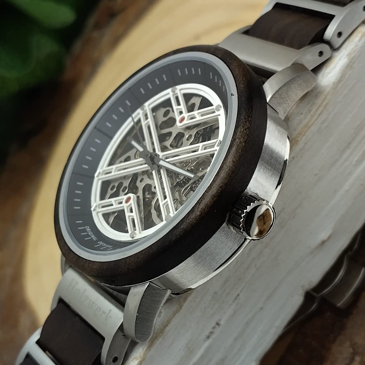 Holzwerk Germany Handgefertigte Automatik Herren-Uhr Öko Natur Holz-Uhr Holz Armband-Uhr Braun Schwarz Silber Analog