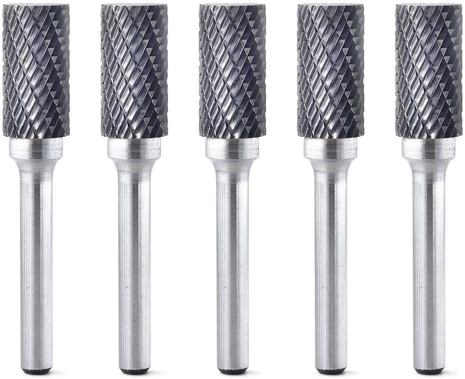 SA-5 5pcs Tungsten Carbide Burrs Cylinder Shape Double Cut Rotary Burr File(1/2” cutter Dia X 1”Cutter Length) with 1/4'' Shank dia,Pack of 5