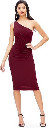 Dress The Population Womens Martine Sleeveless Asymmetrical One Shoulder Side Pleat Bodycon Midi Dress