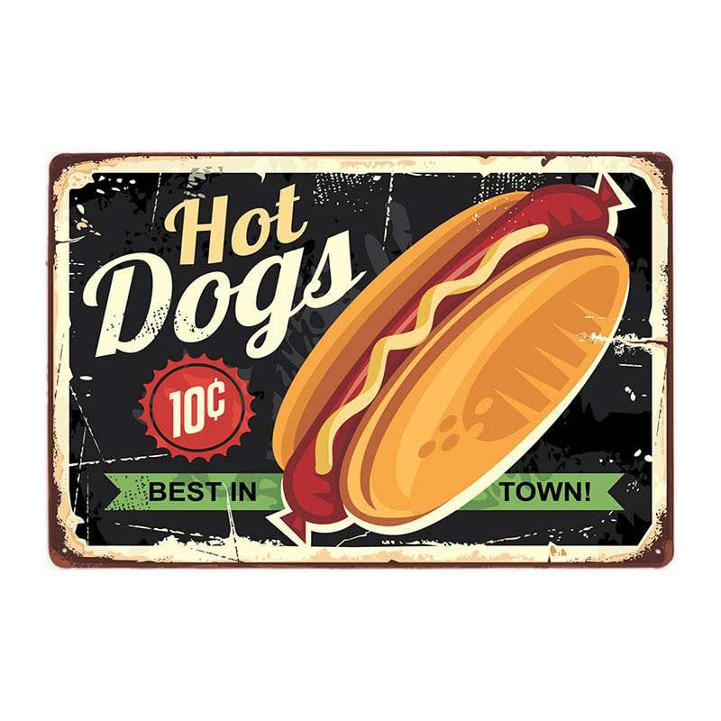 Fast Food Hotdogs - Placa de metal retro vintage (4 unidades)