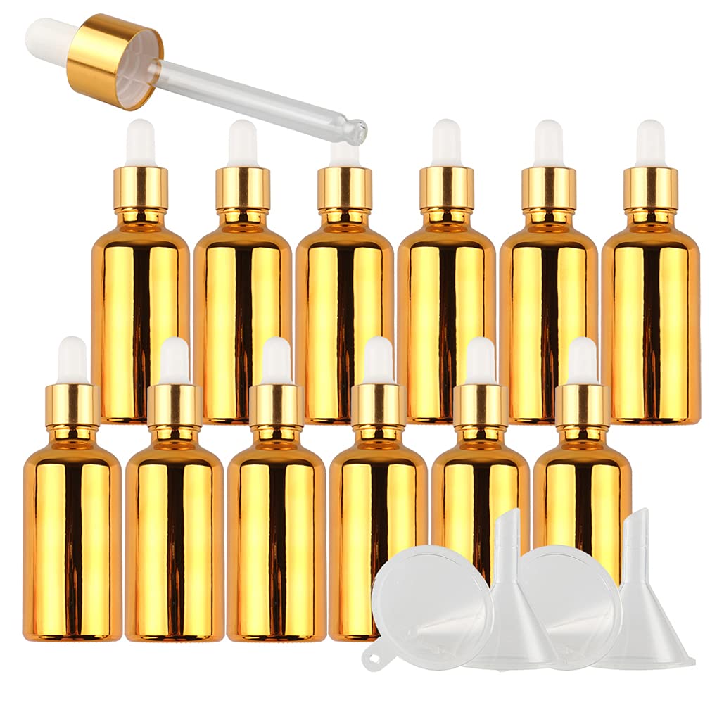 24 Stück 50ml Chrom Gold Pipettenflasche mit Gold Pipettenring,Glasflasche Tropfpipetten für Aromatherapie ätherische Öle Dosierung und Lagerung + 4x Trichter