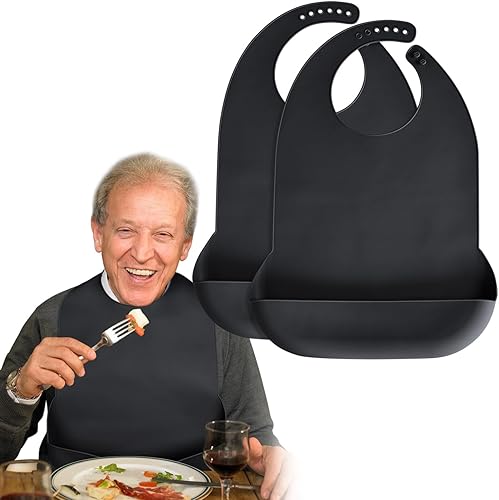 Baberos para adultos para hombres y mujeres, lavables de silicona para adultos con recogedor de migas, Negro Paquete de 2