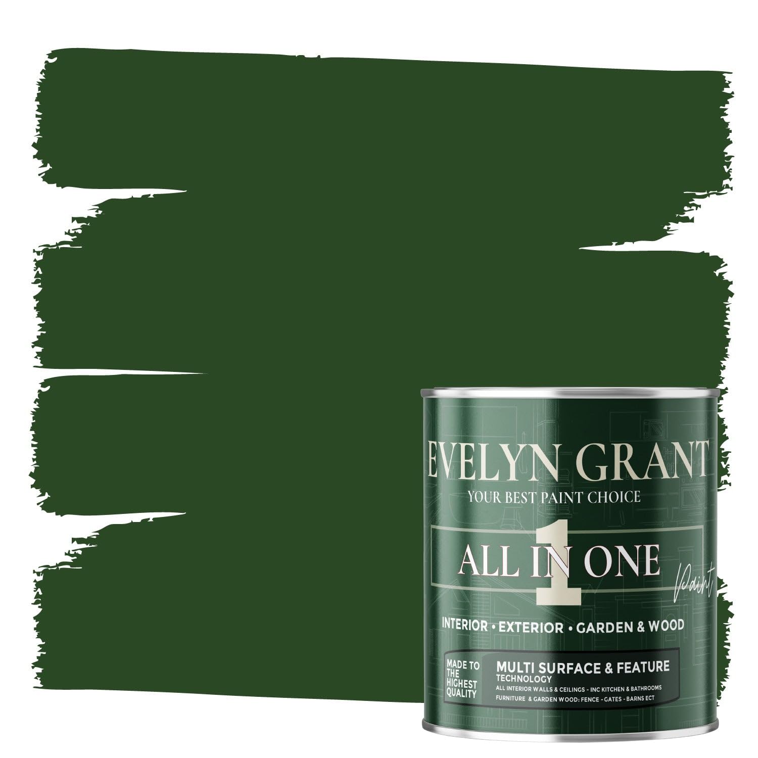 Evelyn Grant All-IN-ONE Paint & Primer - Multi-Surface Paint For Interior Walls, Outdoor Garden & Exterior Walls, Wood Furniture | High Durability Multi-Feature - Forest Green - 5L - Matt