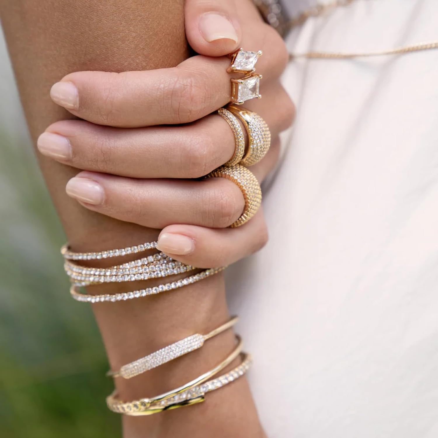 Ettika Thick Crystal Cluster Band, Gold Ring. 18k Gold Plated Rings for Women. Jewelry, Chunky Statement Bands. Size 6