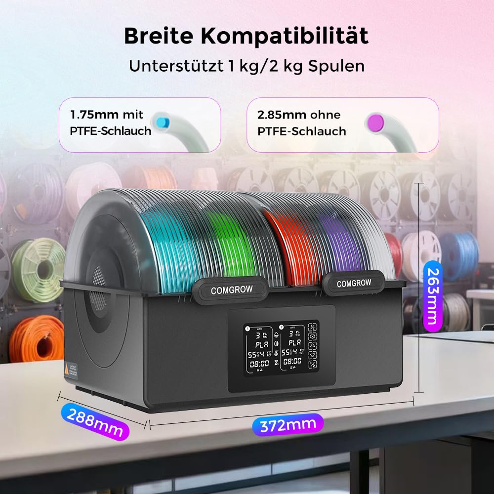 Comgrow SH03 Filamenttrockner, 4-Spulen Trocknerbox, 200W PTC bis 85°C, 2 Heizkammern, für PLA PETG ABS TPU ASA 1,75/2,85mm