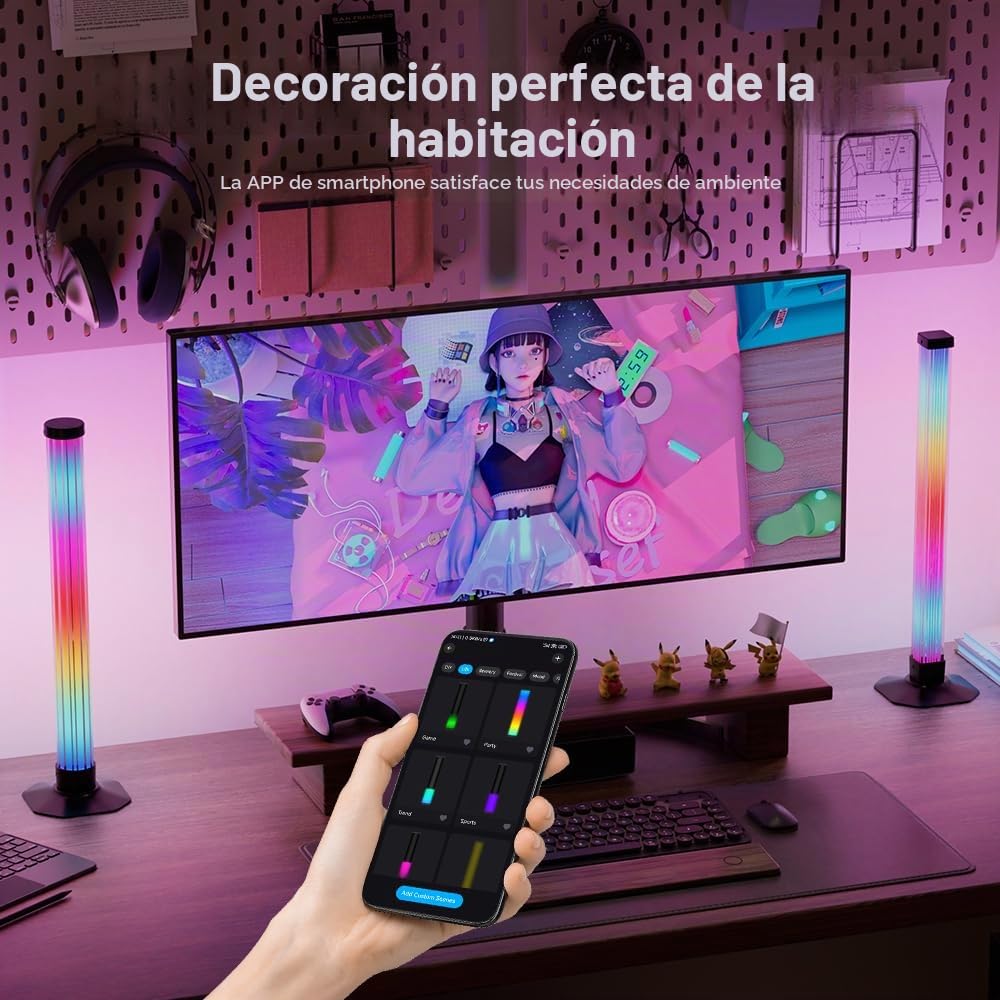 Barra LED RGBIC 43cm, Retroiluminación TV 360°, Pack de 2 | Luz 360 Grados; Largo de 43 cm, Sincronización Música; Efectos RGBIC; Puerto USB 5V; Control por Cable y App