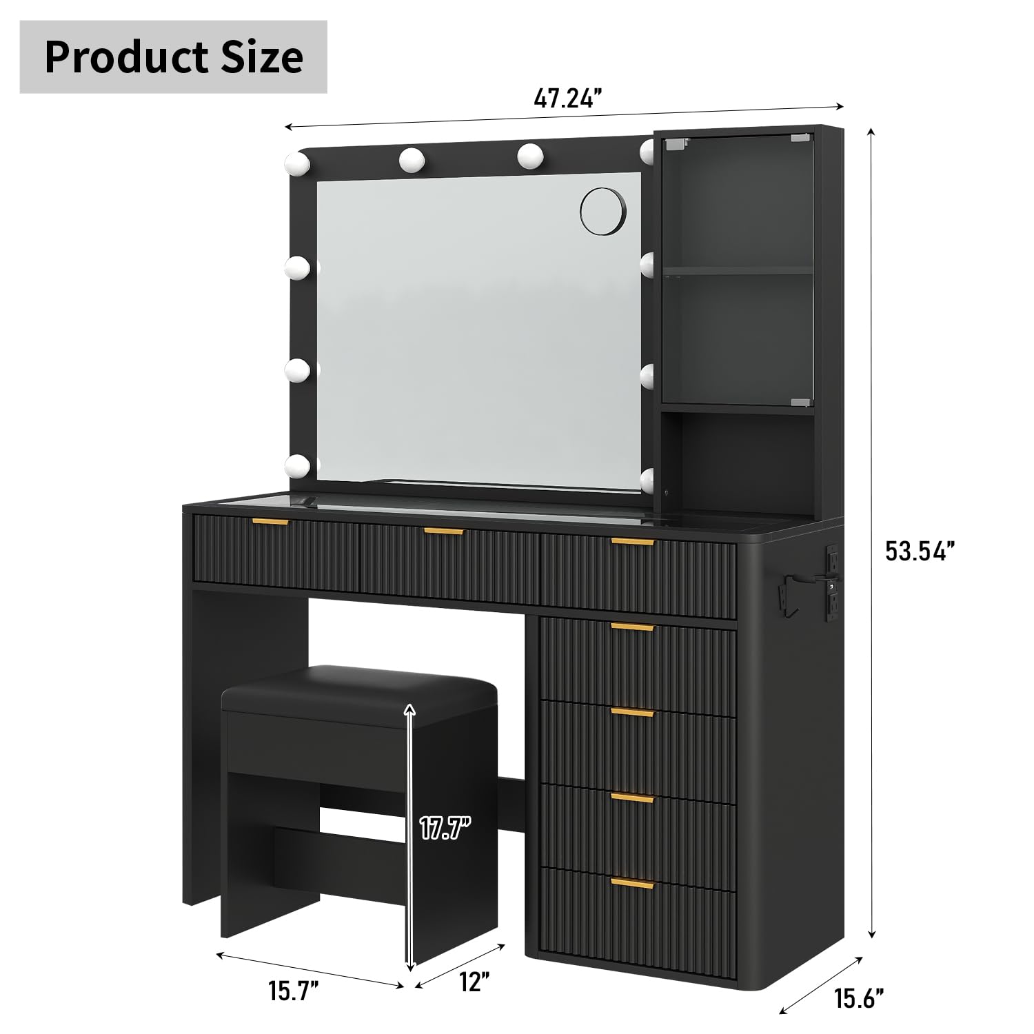 Yanosaku 47" Fluted Vanity Desk with Mirror & LED Lights, 7-Drawer Makeup Vanity with Glass Top & Cabinet, Vanity with Chair & Charging Station, 3 Lighting Modes, for Bedroom, Natural Oak: 7 Drawers Black