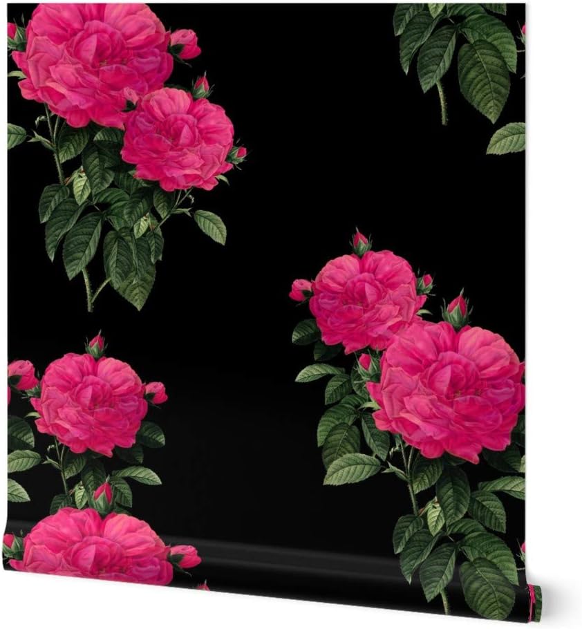 Peel & Stick Wallpaper Swatch - Rose Hot Pink Black Floral Roses Romantic Fuchsia Spring Custom Removable Wallpaper by Spoonflower