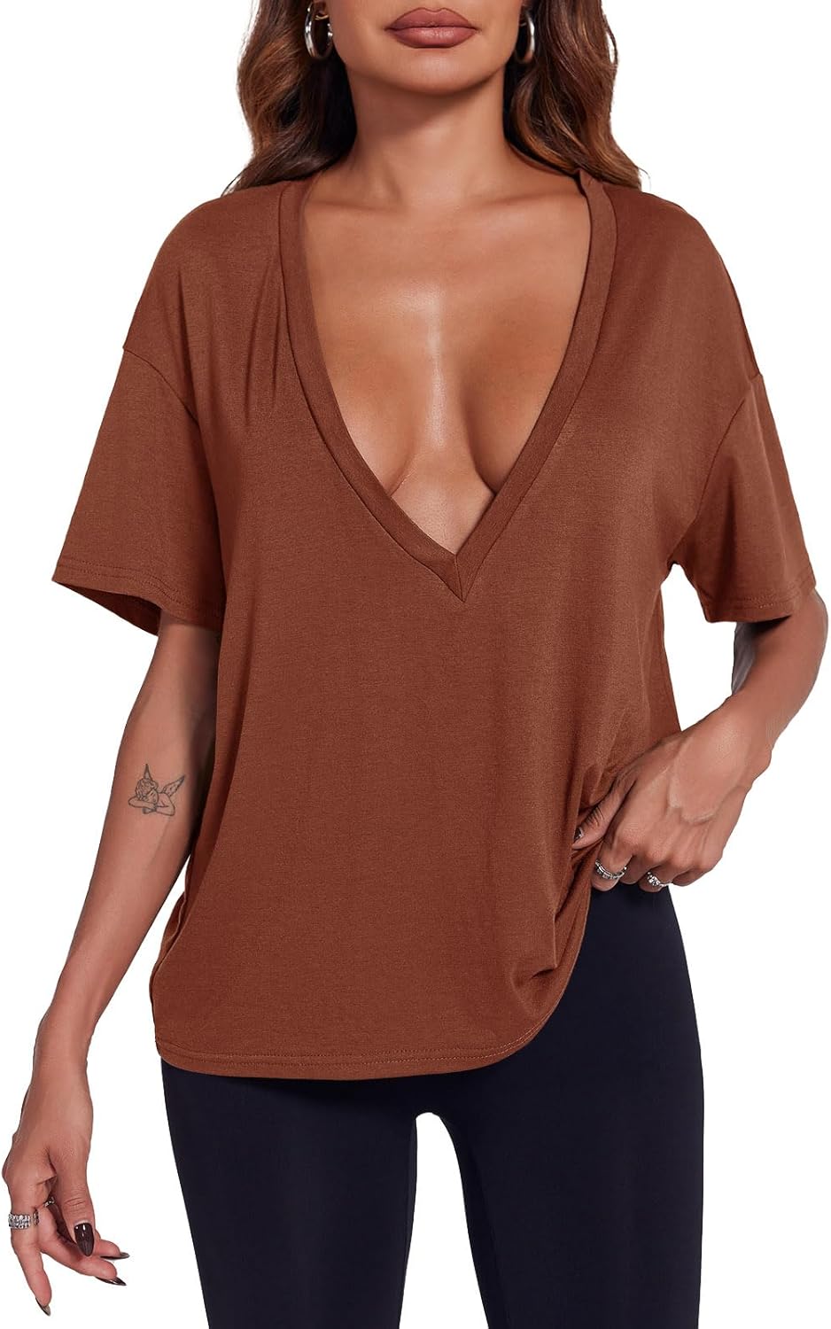 Tankaneo Womens Sexy Deep V Neck T-Shirts Summer Short Sleeve Tops Casual Loose Fit Basic Tees - Image 2