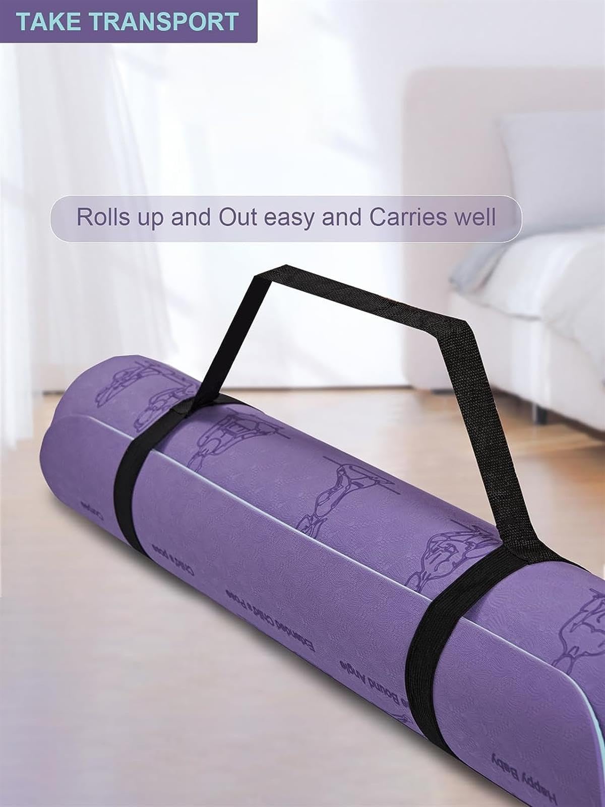Yogamatte mit 70 Posen bedruckt, Anleitungsdesign für Heimtraining und Training, inklusive Tragegurt für einfachen Transport