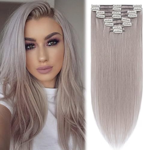 MY-LADY Extensiones de cabello humano real con pinzas, color gris, 10 pulgadas, 1.76 onzas, cabello Remy gris, 8 unidades, balayage, cabeza