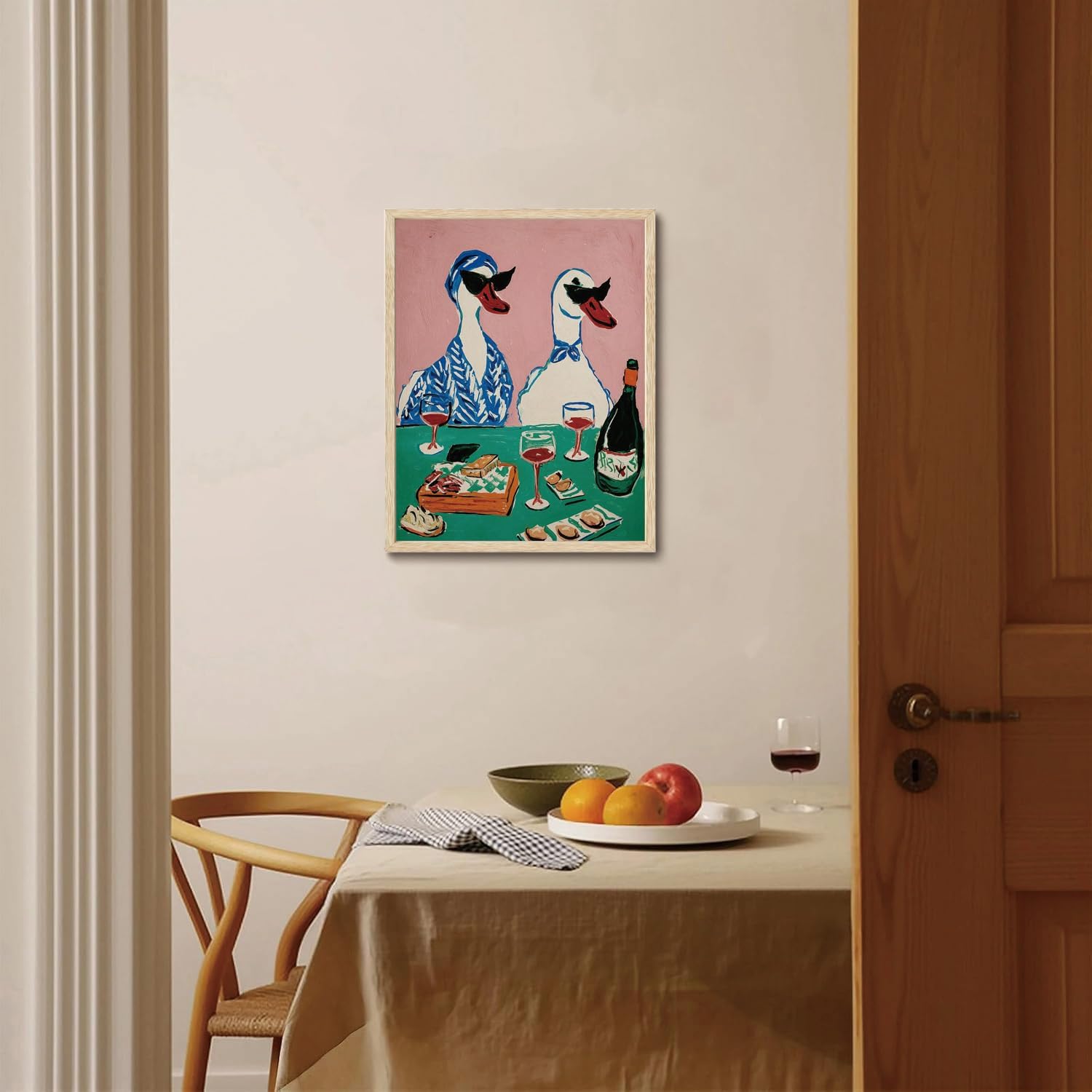 XJYISUO Framed Wall Art Duck Wall Decor Animal Canvas Art Wine Party Pictures Retro Paintings Funny Artwork For Kitchen Dining Room Bar