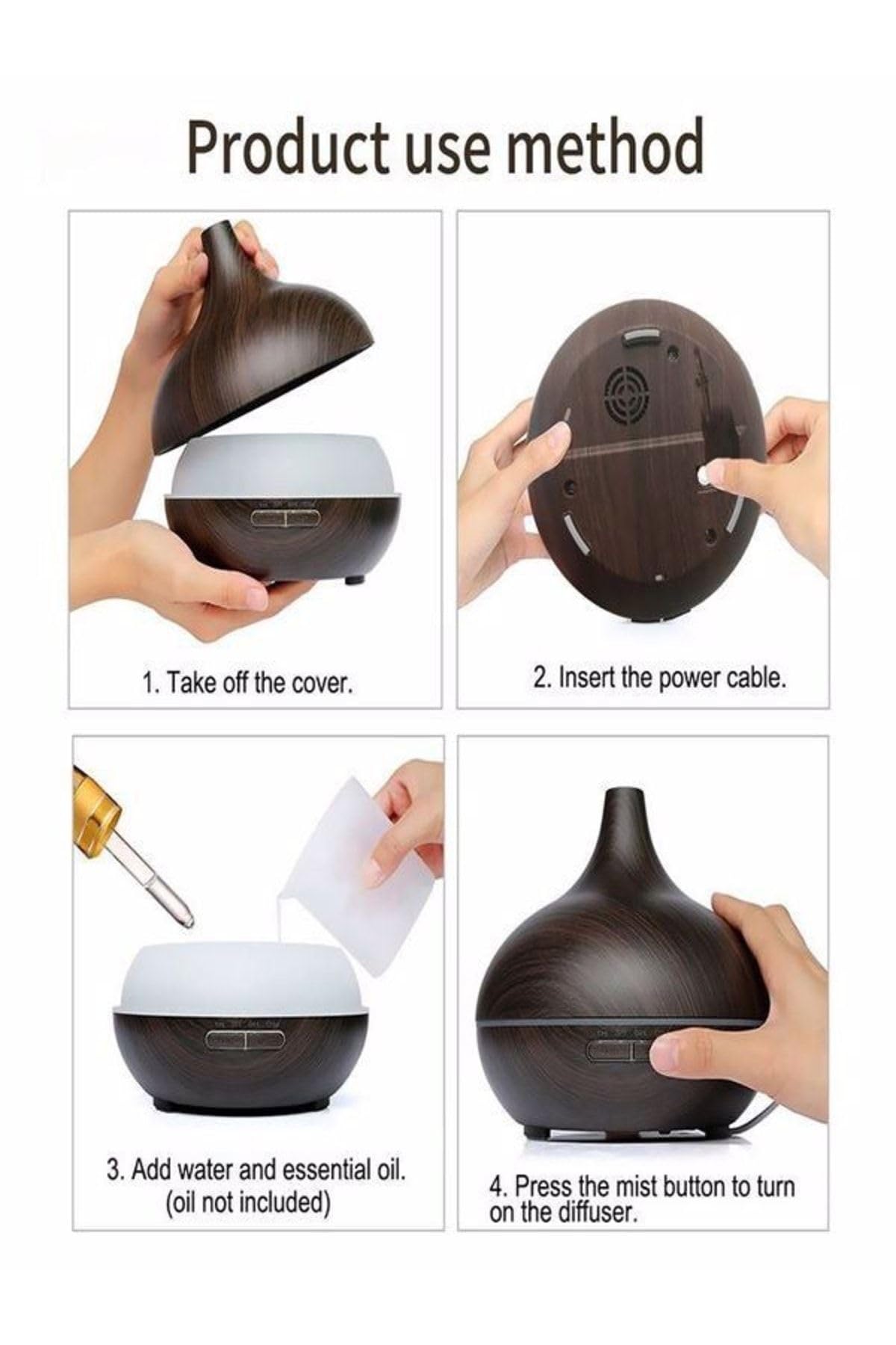 Ultratekno Uzaktan Kumandalı 550ml Aroma Difüzörü Ultrasonik Hava Nemlendirici Buhar Makinesi Rgb 7 Renk Led, Siyah