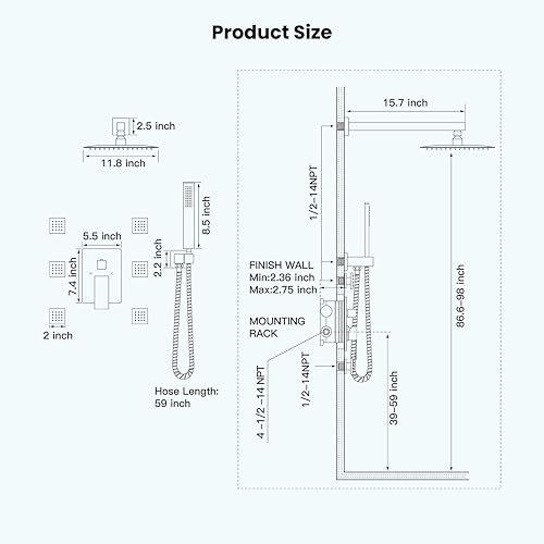 Miniatura 6 de gotonovo Grifo de ducha con chorros de cuerpo completo, mezclador de lluvia, cabezal de ducha de lluvia de 12 pulgadas y rociador de mano, válvula