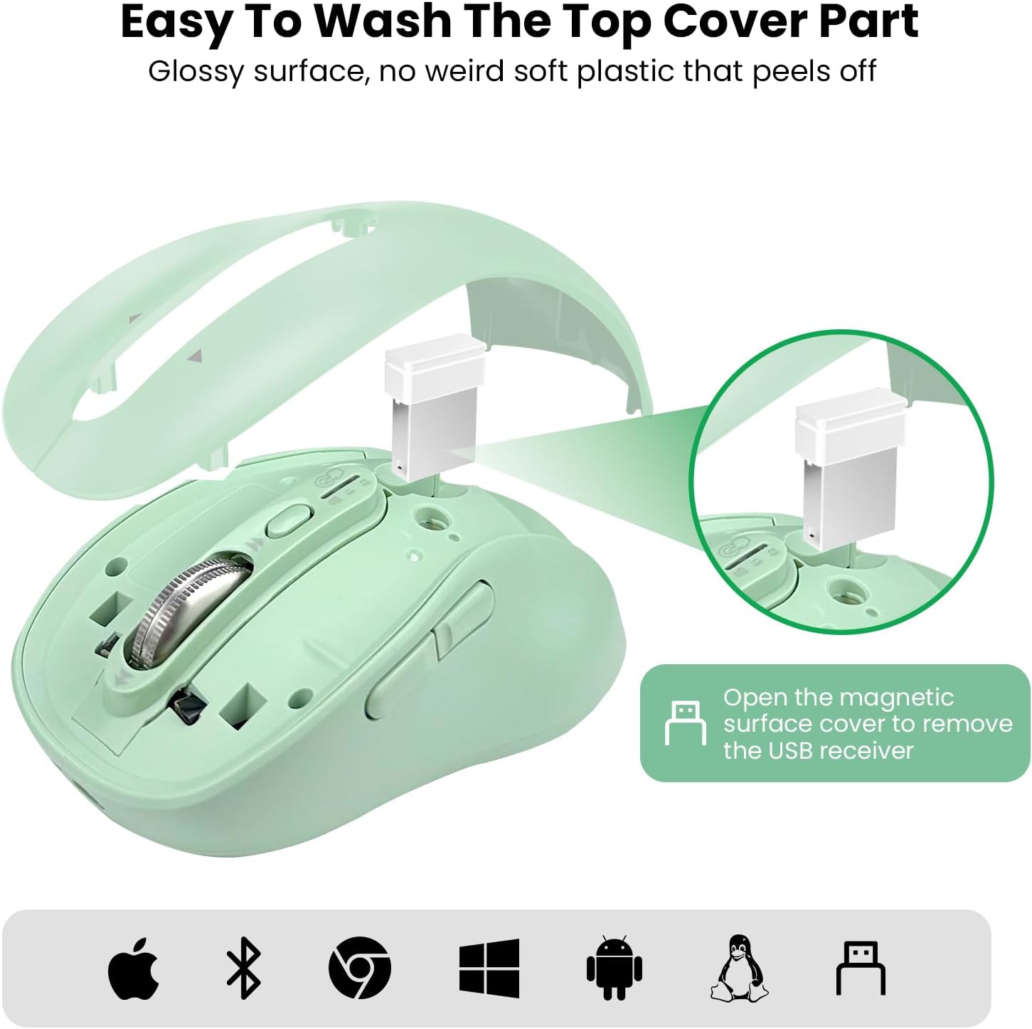 Wireless Bluetooth Mouse for Laptop,USB BT×2,Quiet Ergo Computer Mouses,Metal 4-Way Super Scrolling,± 3200 DPI,Rechargeable,10 Button,Plug&Play,Multi Device Cordless Mice for iPad,Tablet,Mac,PC(Green)