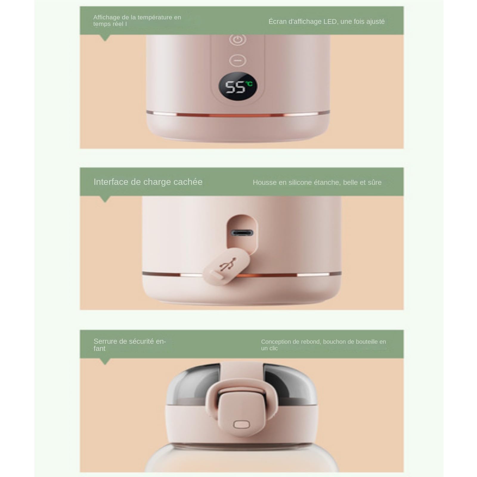 Chauffe-Eau portatif,Chauffe-Eau Portable pour Formule bébé Capacité de 300/400 ML,Chauffe biberon Nomade sans Fil,Facile à Transporter et adapté aux Voyages, Fonction de Charge USB