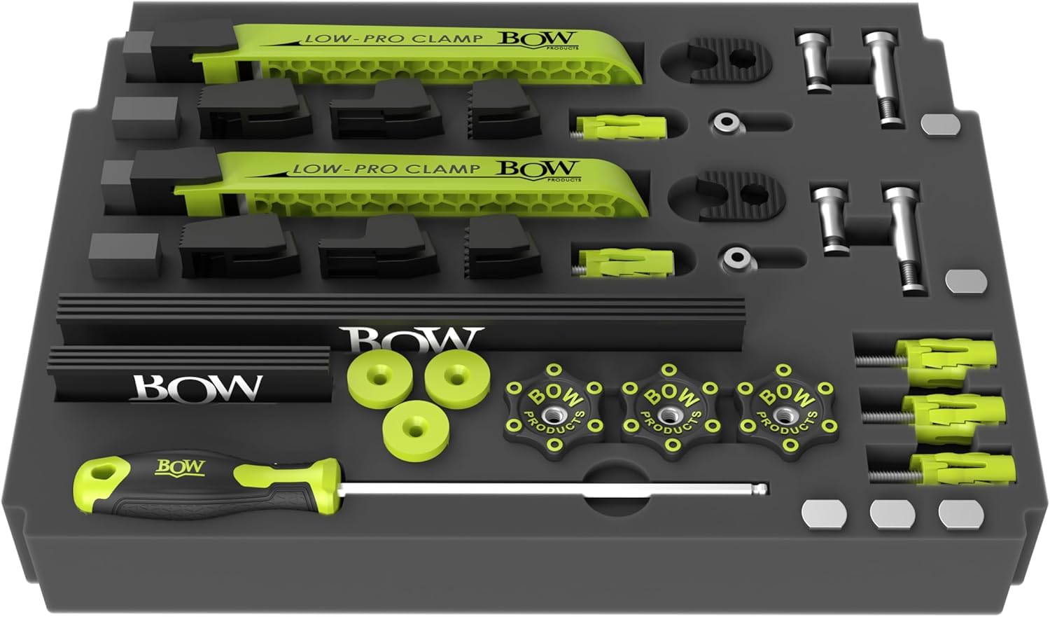 BOW Products Low Profile Clamping Kit - Spannsystem für CNC Maschinen, MFT-Tische, Lochplattentische, T-Track-Tische und Werkbänke - Mit Niederzugspannern, Anschlägen, Wechselspitzen & Zubehör