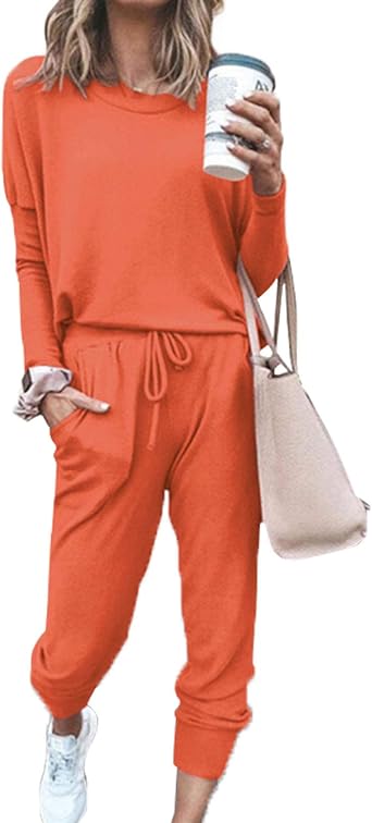 Women Casual Outfit Solid 2 Piece Outfit Long Sleeve Crewneck Pullover Tops and Long Pants Sweatsuits Tracksuits