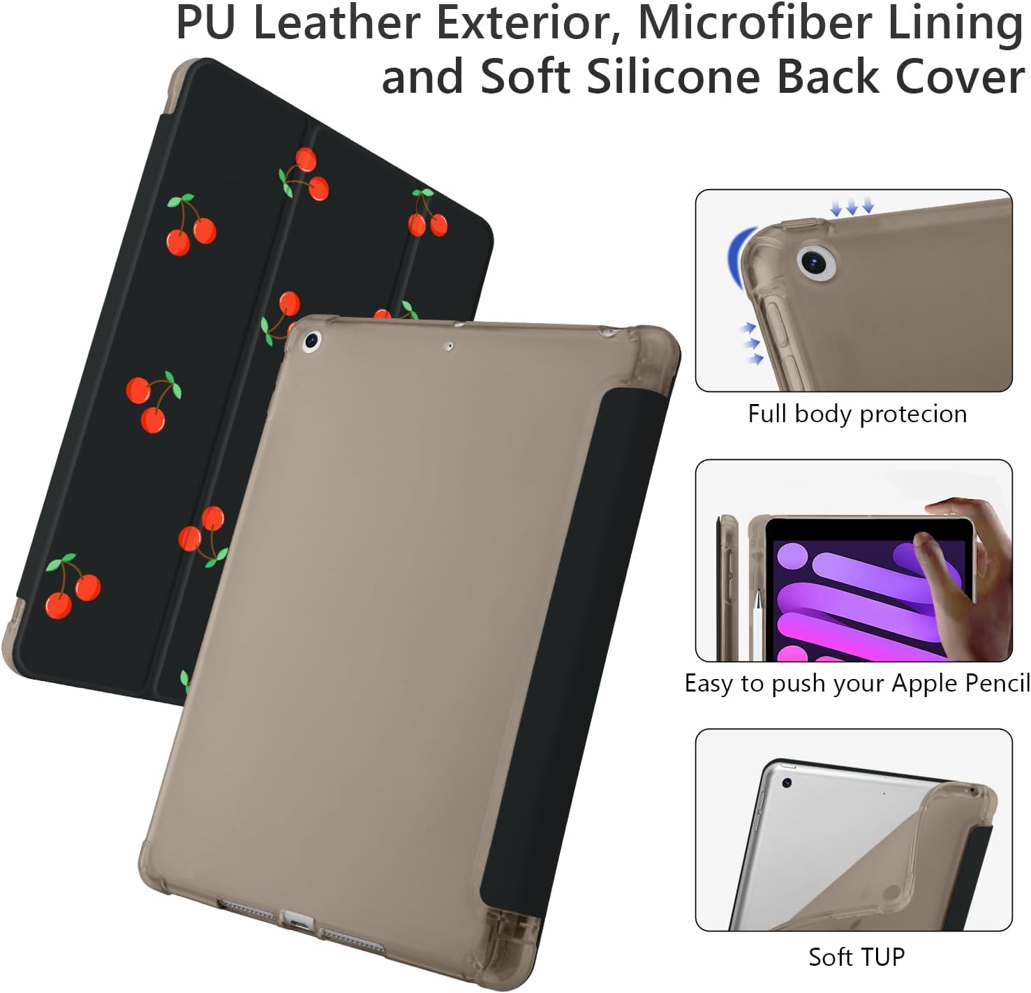Cute Kawaii Cherry for iPad (A16) 11th Generation Case 11 Inch 2025, for iPad 10th Generation Case 10.9 Inch 2022 with Pencil Holder, Auto Sleep/Wake, Black Leather Soft TPU Back Cover
