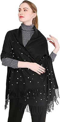 AIRMOOD Winter Ladies Cashmere Scarves Shawl withÂ ArtificialÂ Pearls, Warm Pashmina Shawl Wrap Soft Long Christmas Scarf Blanket for Women,Black