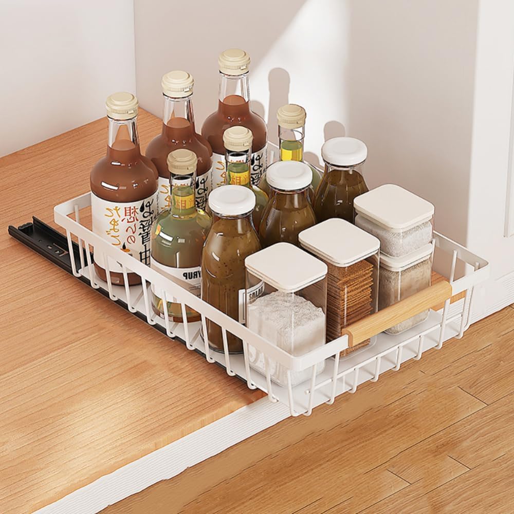Garvee No Drill Heavy Duty Pull Out Storage Basket, Slide Out Drawer Organizer for Kitchen Cabinets, Durable Mesh Shelf, Easy to Carry, White, 28cm x 39.5cm x 9.8cm