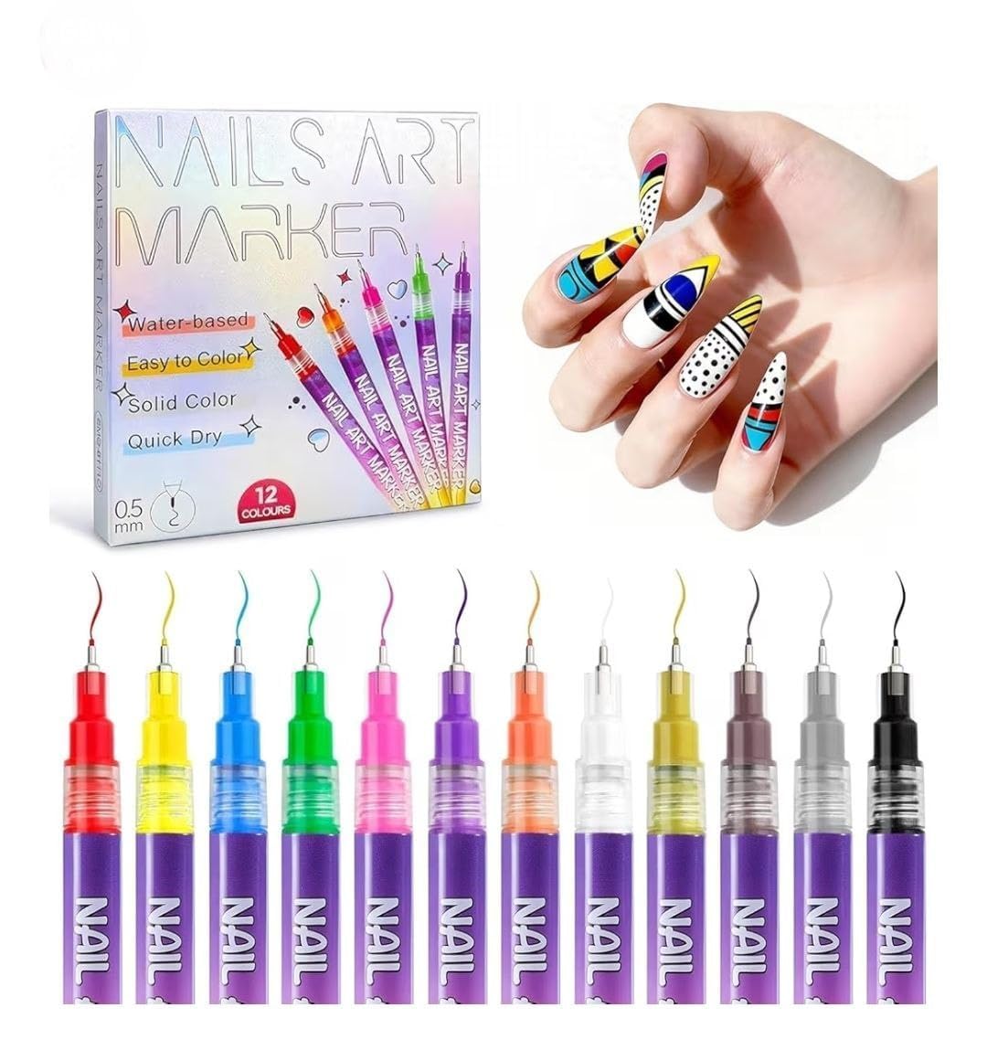12 Colors DIY Nail Art Pens Set | 0.5mm Ultra Fine Nail Art Marker Pens | Quick Dry Waterproof Nail Polish Pens for DIY Nail Painting | Nail Art Kit for Women & Kids-image-26