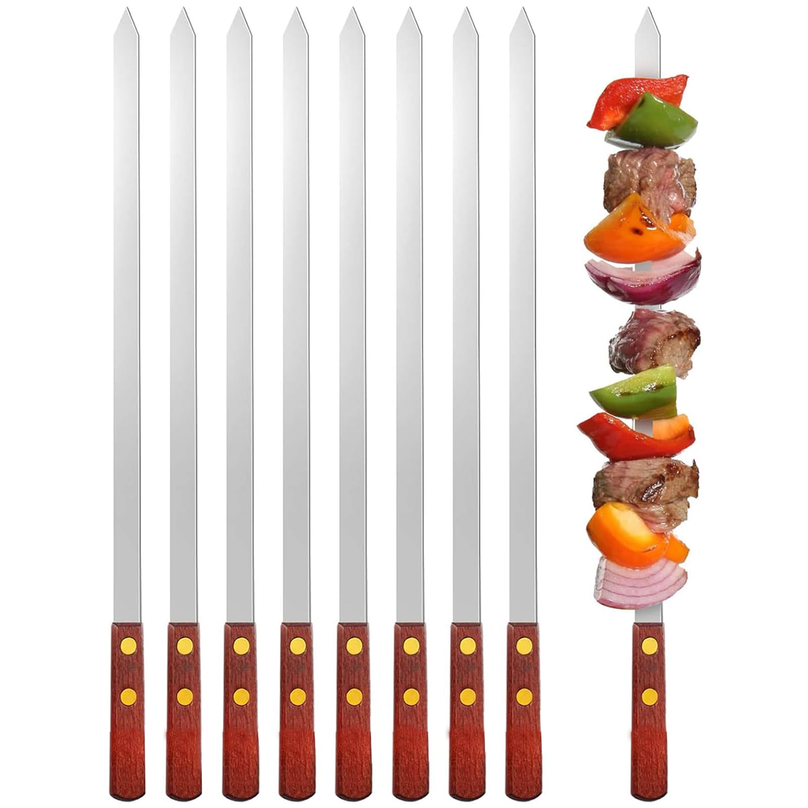 8 Piezas Pinchos de Carne Planos de Acero Inoxidable, 60cm de Carne Reutilizables, Brochetas de Carne Extra Largos con Mangos de Madera, Cubiertos Barbacoa, Pinchos para Verduras Accesorios Barbacoa