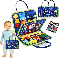 Maleta Educativa Infantil Montessori Brinquedo Sensorial com Atividades de Coordenação Motora, Fechos, Zíper, Relógio e Figuras de Dinossauro