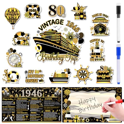 80th Birthday Cruise Door Magnets - Cosmisun 16Pcs Gold Black