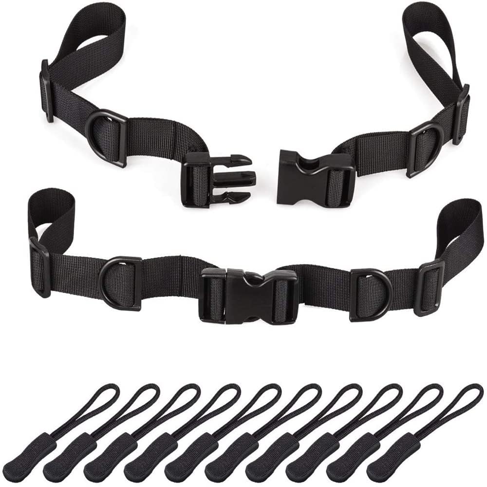 SHOPEE 2 Pack Backpack Chest Straps, Heavy Duty Adjustable Backpack Sternum Strap Belt with Quick Release Buckle and 10 Pcs Zipper Pulls for Hiking and Jogging