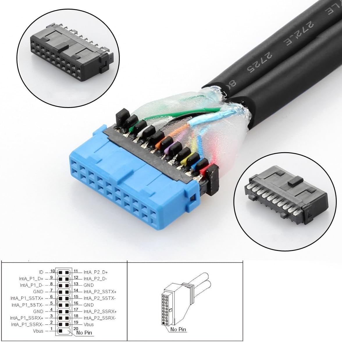 CY Type-C USB-C & 19/20Pin Header to USB 3.0 20Pin & Type-E Dual Ports Female PCBA Type Adapter Splitter HUB 5Gbps