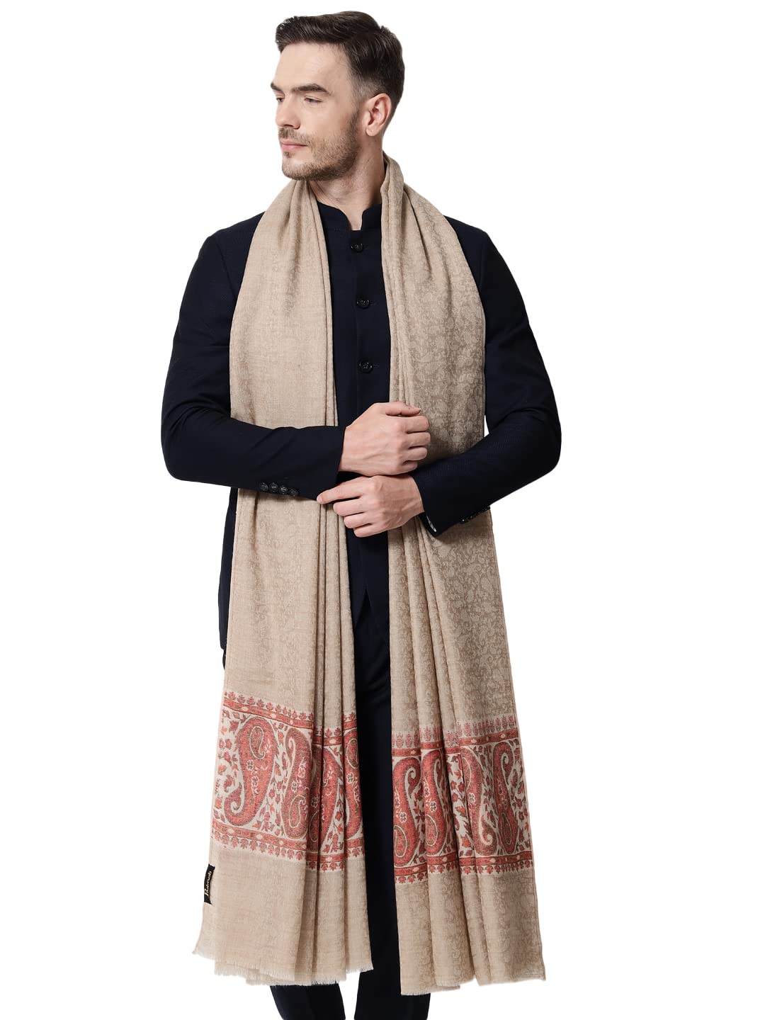 men Extra Fine Wool shawl, Ethnic Palla design, Beige-image-46