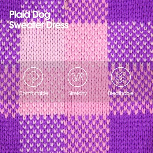 Image of Dog Sweater Dress Plaid Knitwear for Small Medium Dogs Warm Puppy Pet Turtleneck Stretch Pullover Cute Fall Winter Vest Clothes with Leash Hole for Christmas (Purple, L)