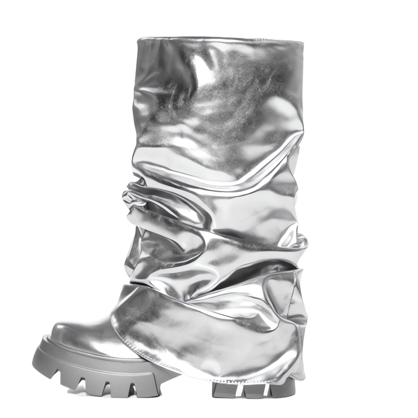 LISHAN Womens Platform Heel Metallic Fold Over Pull on Shark Ruched Boots