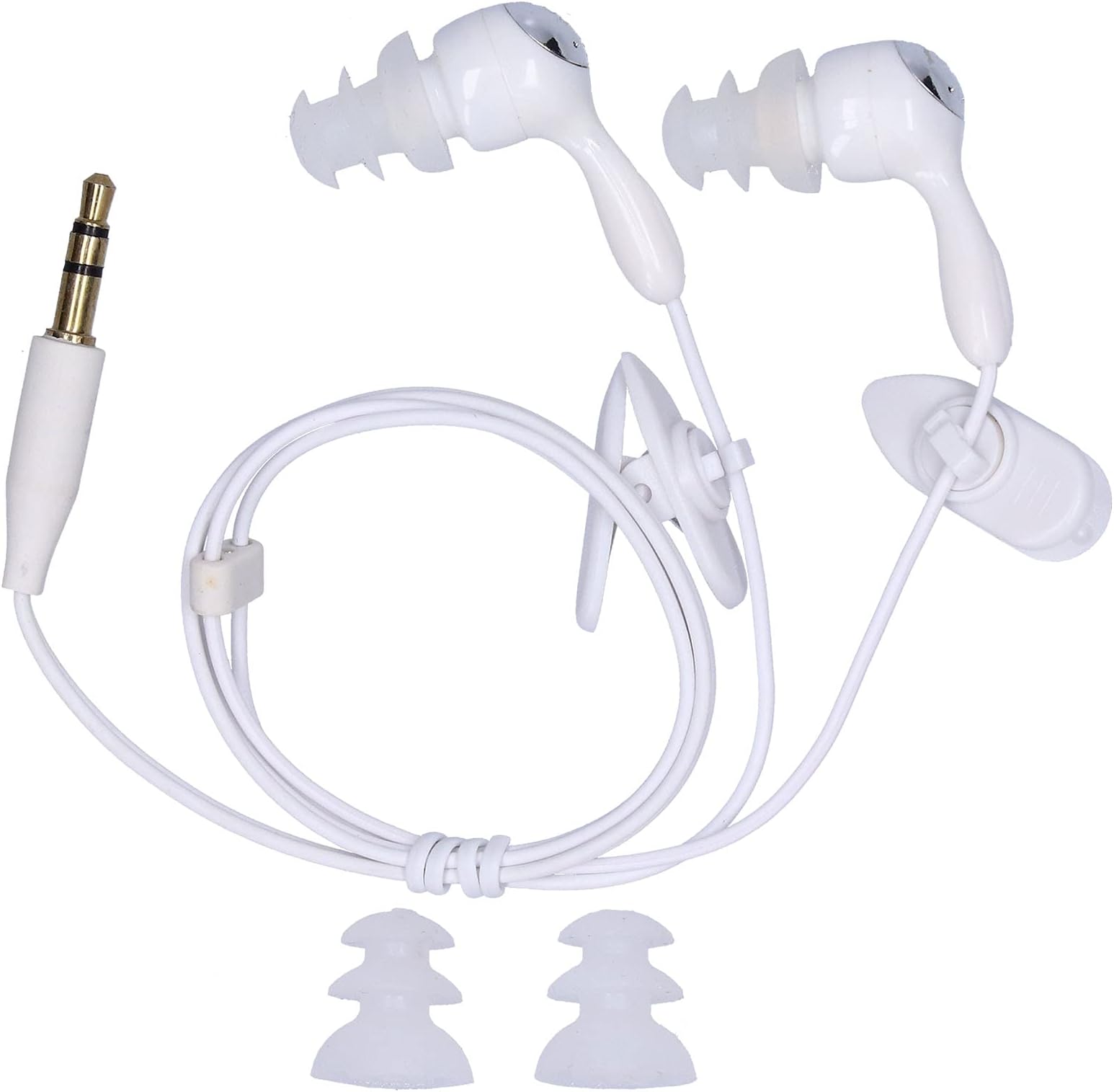 PUSOKEI Underwater Waterproof Headphones with 2 Clips/Replace Earplugs for Swimmers, Waterproof in Ear Earphones with Stereo Audio Extension Cable for Exercise, Running, Walking(white)