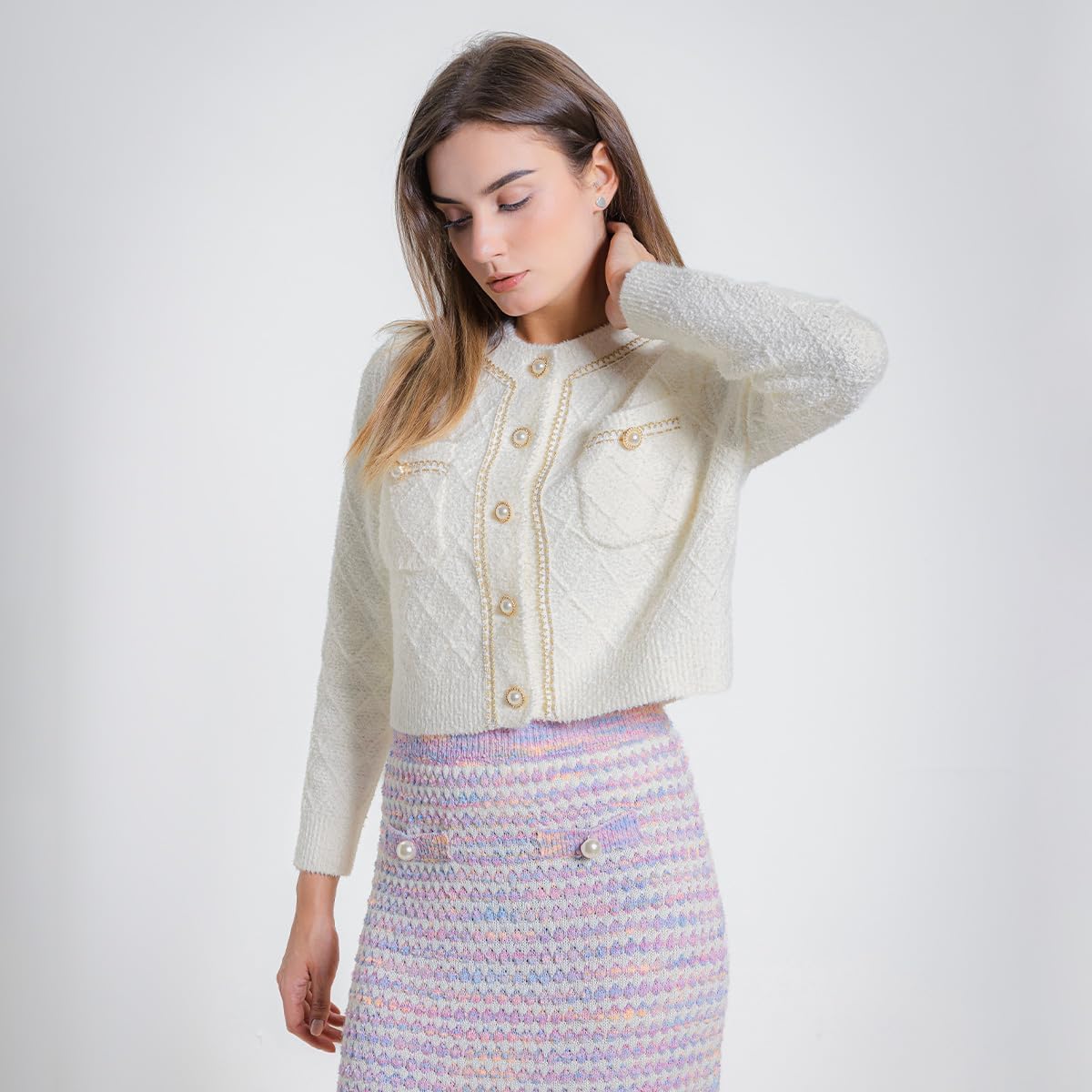 URBAN REVIVO Women's Knit Cardigan Sweaters Casual Long Sleeve Open Front Button Down Cropped Jackets - Image 6