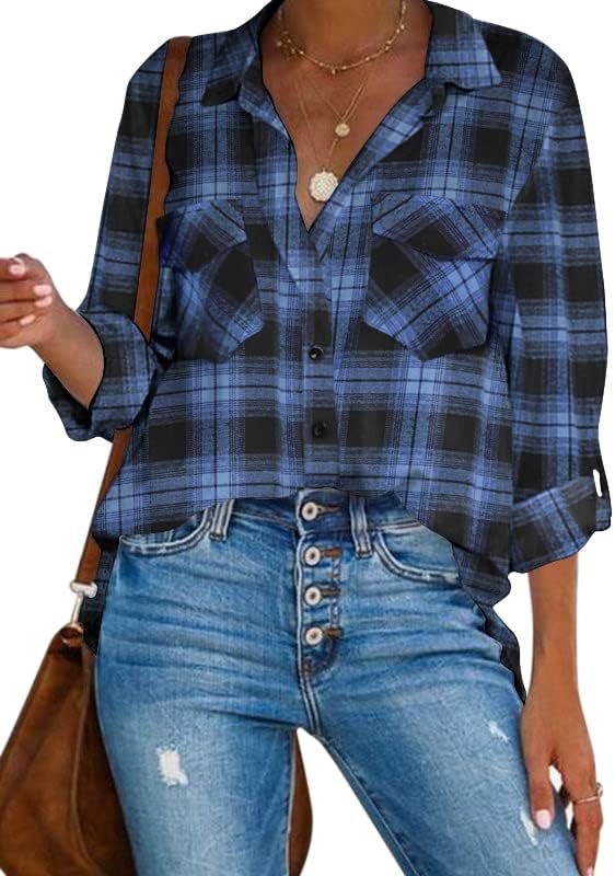 HOTOUCH Plaid Flannel Shirts for Women Long Sleeve Boyfriend Button Down Shacket Jacket Black and Blue S