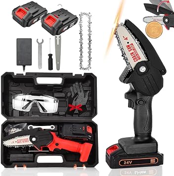 Mini Chainsaw Cordless 4 Inch, Upgraded Handheld Electric Chain Saw with 2 Batteries for Yard, Home And Garden, Wood Cutting, Tree Trimming,Black