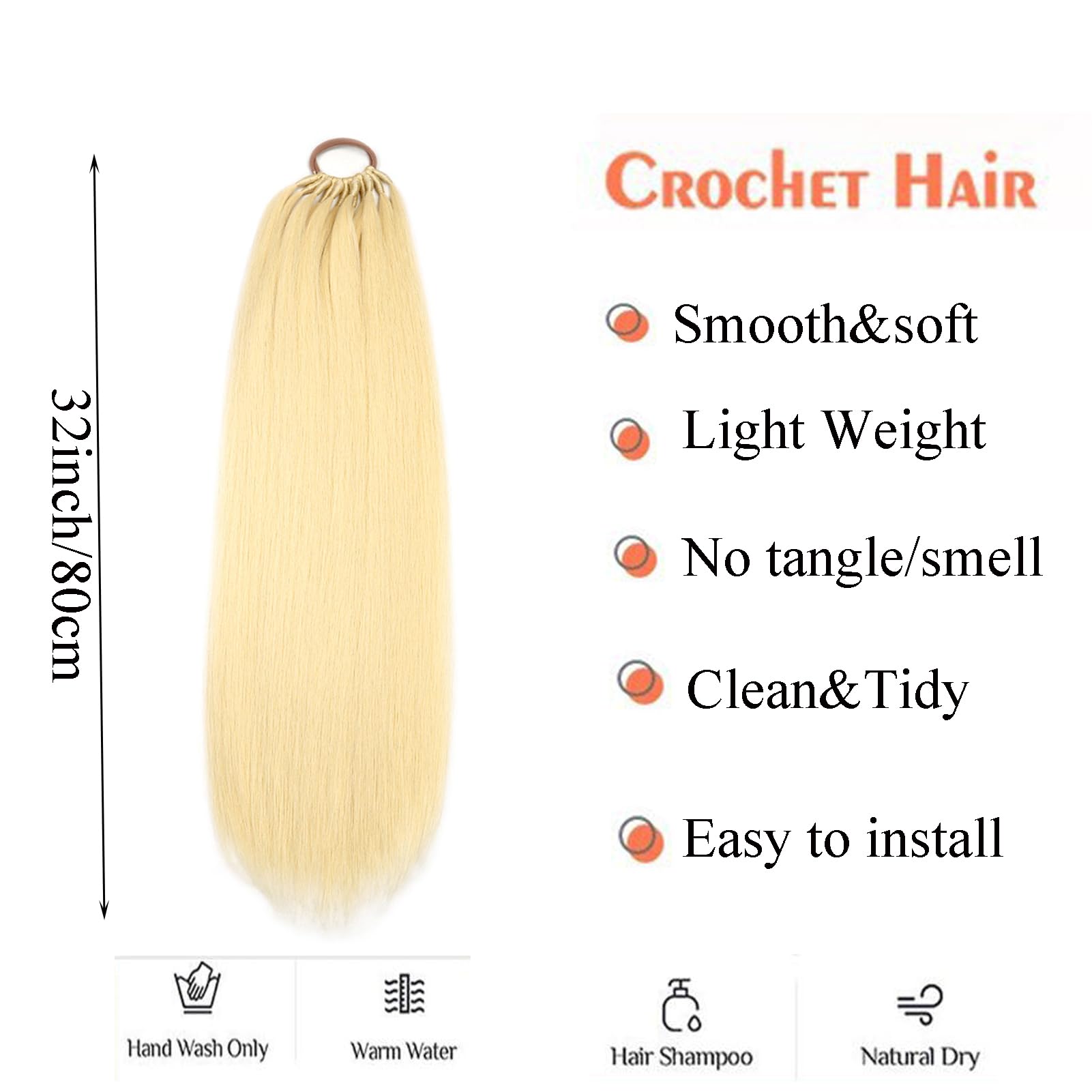 32inch Long Braid Ponytail Extension with Elastic Tie Sleek Straight Braids Ponytail Natural Soft Synthetic Hairpiece for Women Girls (#613, 32INCH/80CM) - Image 2