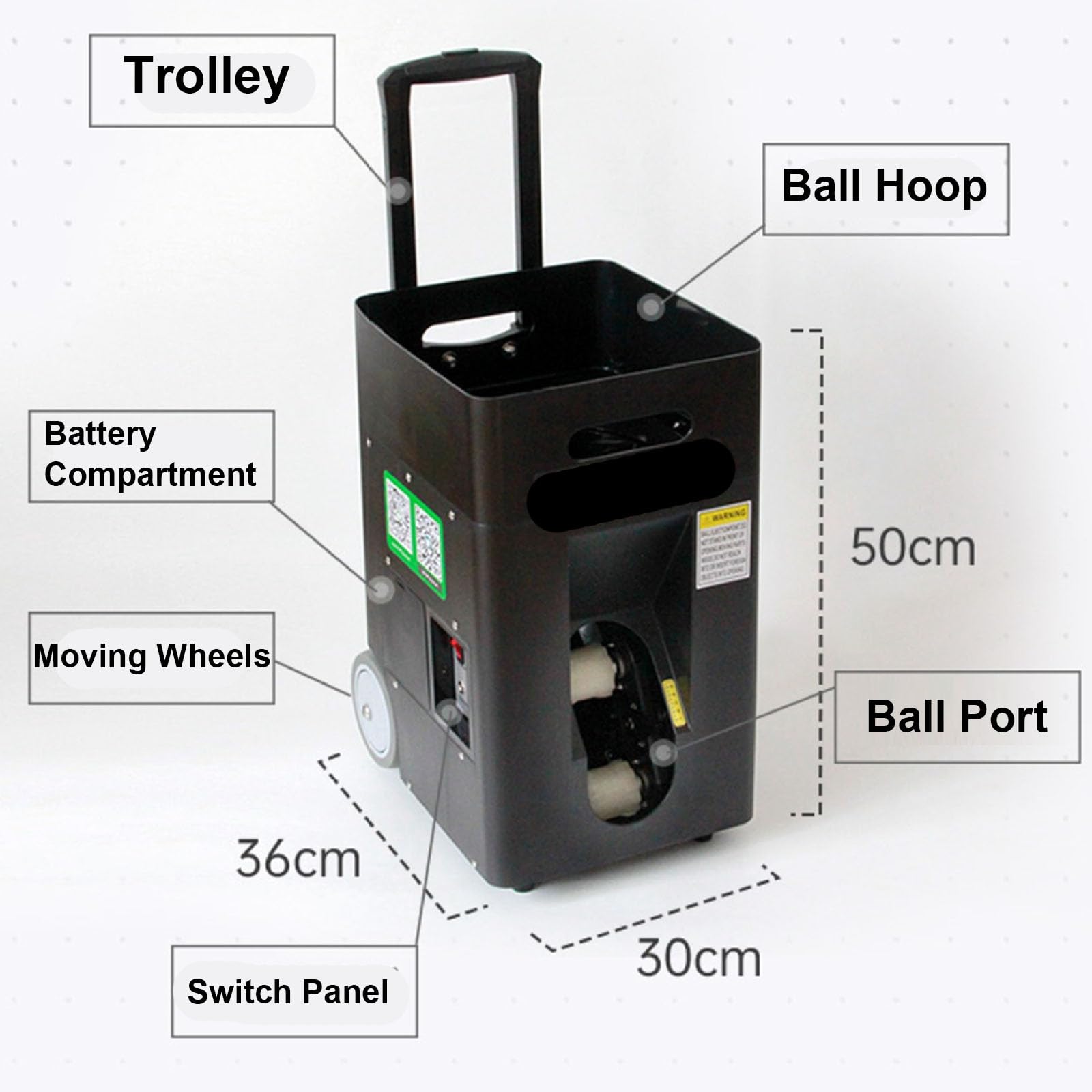 Macchina portatile per palline da tennis con capacità di 50 palline, frequenza 2-8 secondi, distanza di lancio fino a 12 m e altezza fino a 6 m, ideale per campi comunitari e uso domestico