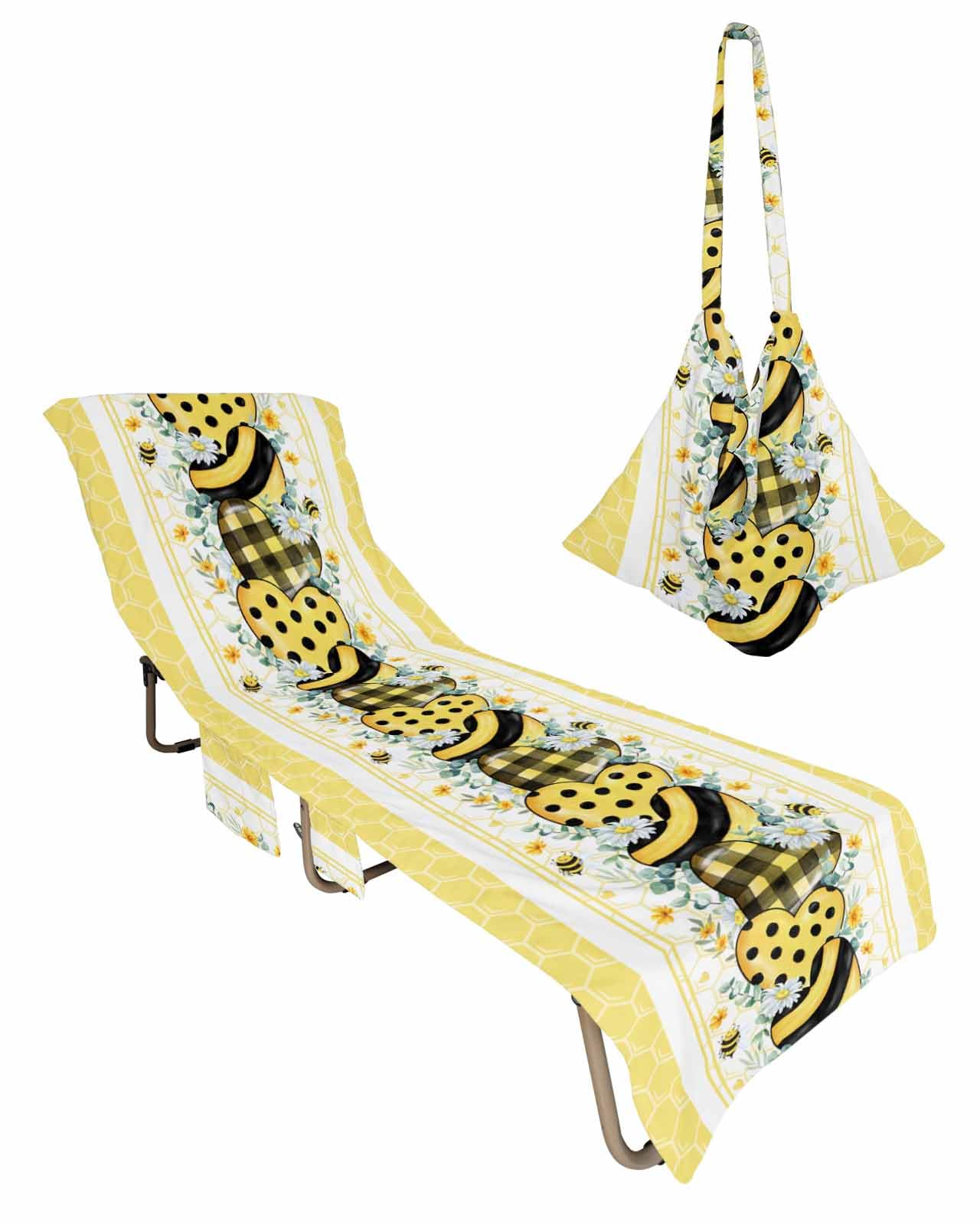 Summer Bee Beach Lounge Chair Towel Cover, Soft Chaise Lounge Towel with Side Pockets Patio Pool Chairs Cover for Beach/Pool Sunbathing 29x85 Honey Yellow Flower Love Heart Eucalyptus