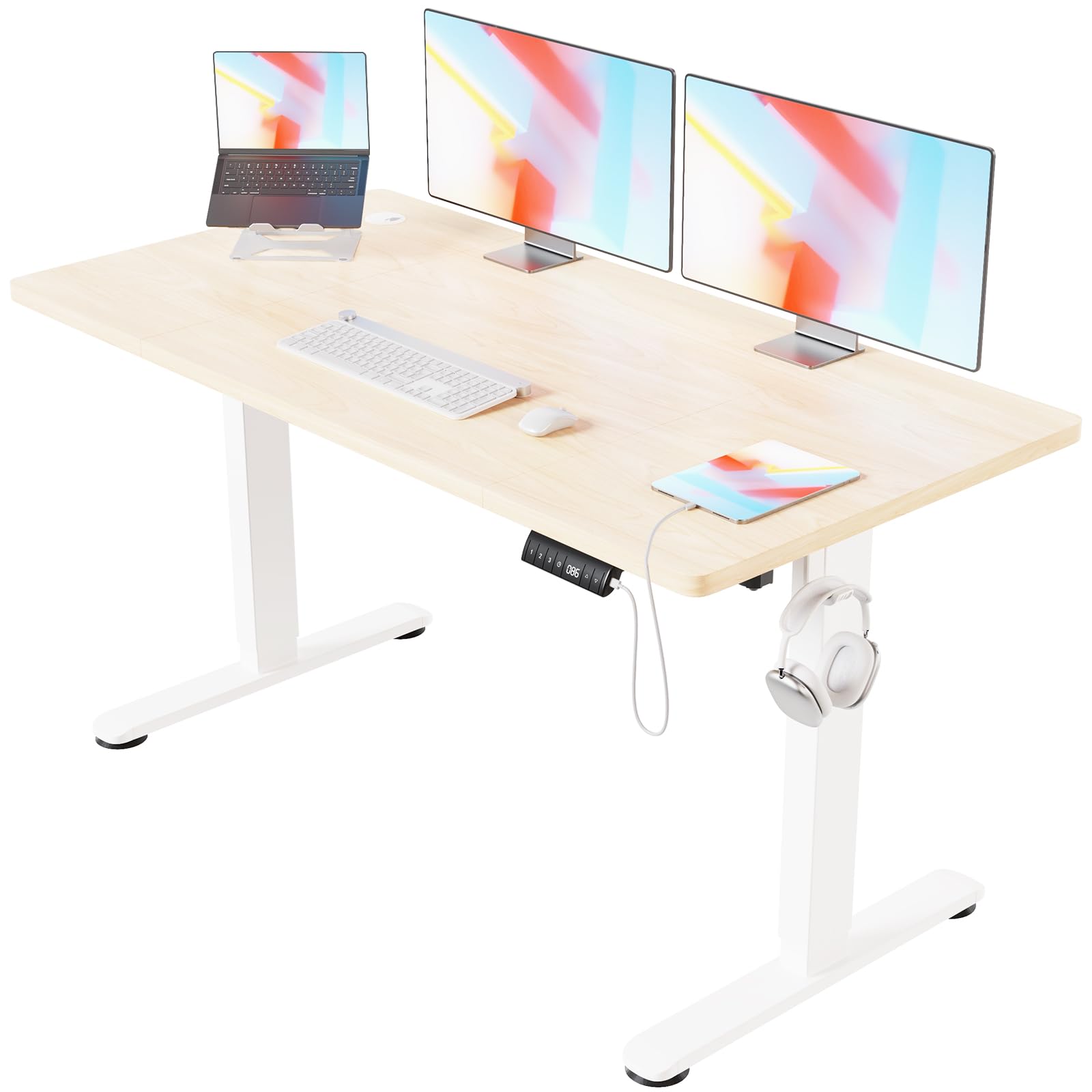 Devoko Escritorio Elevable Eléctrico 160 * 80cm Mesa para Computadora Ajustable en Altura con Bandeja de Gestión de Cables y Memoria de 3 Funciones,con Tecnología Anticolisión Roble