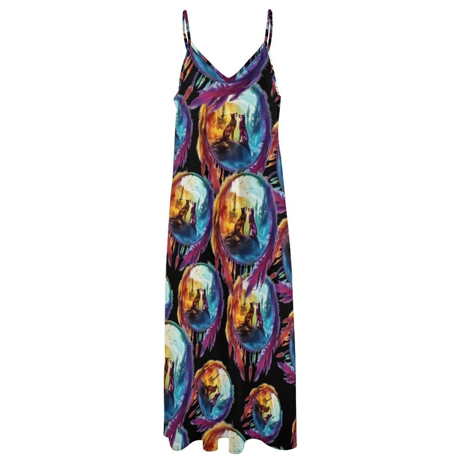 Wolf - Vestido casual para mujer, con diseño de atrapasueños, ajustable, largo hasta el tobillo, con volantes, vestido de verano fluido