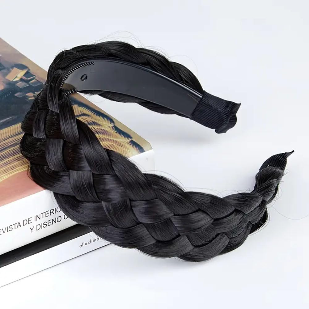 Braided Headband with Synthetic Hair, Black | Wide Braid Design, Plastic Band Base, Women's Hair Accessory, Secure Grip Teeth, Everyday Wear-image-25