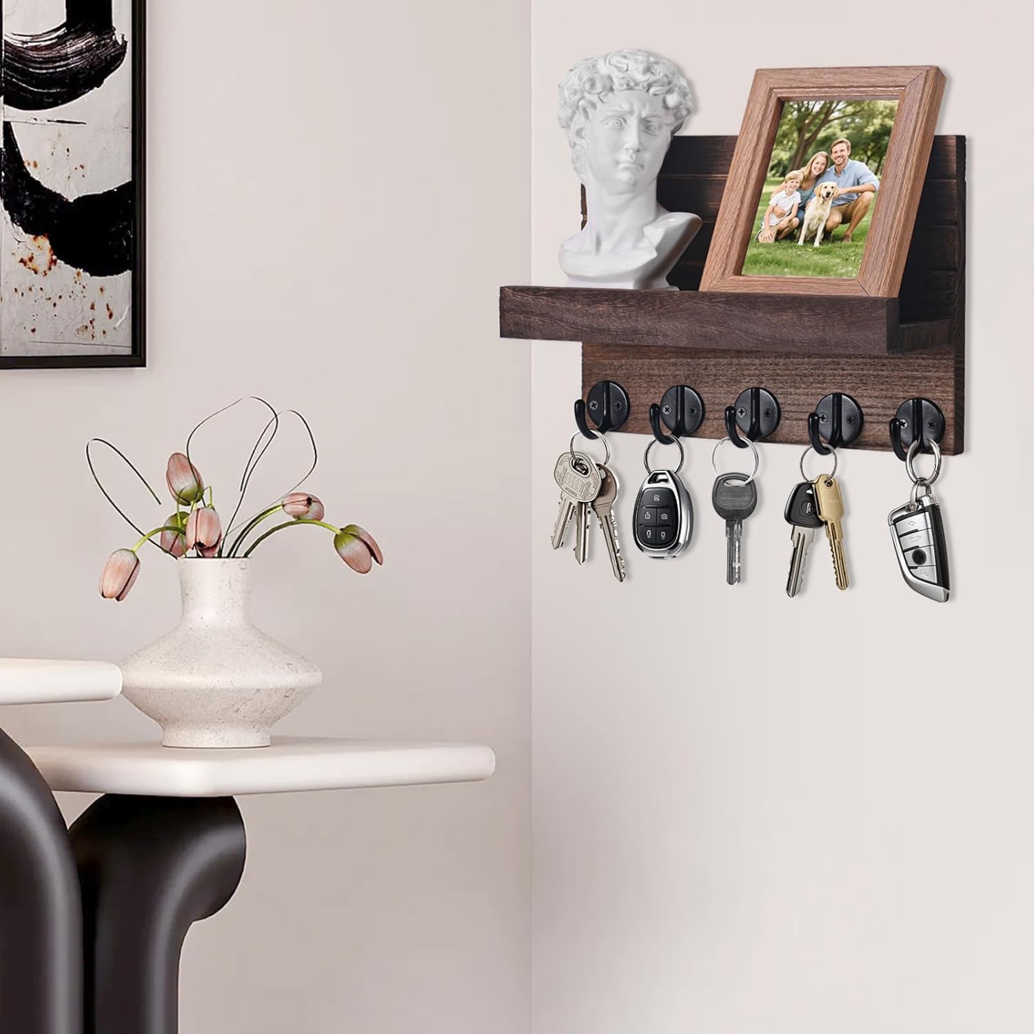 Llavero de Madera para Pared, Portallaves de Madera, Ganchos para Llaves Montados en la Pared, Organizador Llaves con 5 Ganchos para Llaves, para Llaves, Cartas, Periódicos (Marrón)